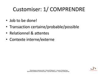 Dynamique commerciale – Garrett Delcourt – Human Enterprises
Customiser: 1/ COMPRENDRE
• Job to be done!
• Transaction certaine/probable/possible
• Relationnel & attentes
• Contexte interne/externe
Séminaire Relation Commerciale – Garrett Delcourt – Human Enterprises
 