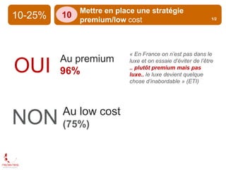 10-25%
Mettre en place une stratégie
premium/low cost
10
OUI
NON
Au premium
96%
Au low cost
(75%)
« En France on n’est pas...