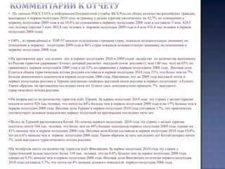    В начале отчёта приведены  данные по количеству россиян, выехавших за границу с целью туризма в 2006-2010 годах для 37 стран, отсортированных по количеству  туристов в первом полугодии 2010 года. Информация по другим странам, не вошедшим в число ТОЗ-37  приведена отдельной суммарной строкой – “Другие страны”. Отдельными столбцами показана динамика изменения выездного потока россиян в первом полугодии 2010 года в сравнении с аналогичным периодом  2009 и 2008 годов, а также для справки дана информация изменения выездного потока россиян в первом полугодии 2009 года по отношению к первому полугодию 2008 года.