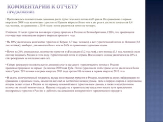  На отдельном слайде  показаны доли стран в первом квартале 2008, 2009, 2010и 2011 годов, а также процентное изменение доли страны в первом квартале 2011 года по отношению к первому кварталу 2009 и 2008 годов. Данные представлены как в табличной форме так и в форме сравнительной диаграммы.Комментарии к отчетуПо данным РОССТАТА и информации Пограничной службы ФСБ России, общее количество иностранных граждан, въехавших в первом квартале 2011 года в Россию с целью туризма, увеличилось на 5,3% по отношению к  первому кварталу 2010 года, но уменьшилось на 20% по отношению к первому кварталу предкризисного 2008 года. В общем итоге оно  составило 196,4 тыс.человек против 187 тыс.человек в  первом квартале 2010.
