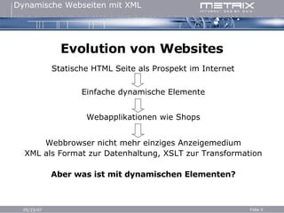 Evolution von Websites Statische HTML Seite als Prospekt im Internet Einfache dynamische Elemente Webapplikationen wie Shops Webbrowser nicht mehr einziges Anzeigemedium XML als Format zur Datenhaltung, XSLT zur Transformation Aber was ist mit dynamischen Elementen? 