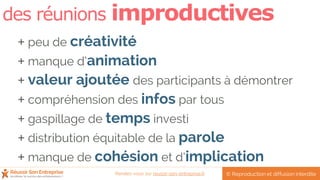 des réunions improductives
+ peu de créativité
+ manque d’animation
+ valeur ajoutée des participants à démontrer
+ compréhension des infos par tous
+ gaspillage de temps investi
+ distribution équitable de la parole
+ manque de cohésion et d’implication
© Reproduction et diffusion interditeRendez-vous sur reussir-son-entreprise.fr
 