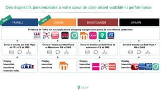 Display
Interstitiel
bannières
CUISINE
Présence de l’offre sur nos applications shopping et pages bons plans de nos éditeurs partenaires
BEAUTE/MODE
Display
Interstitiel
bannières
Des dispositifs personnalisés à votre cœur de cible alliant visibilité et performance
URBAIN
Display
Interstitiel
bannières
Display
Interstitiel,
bannières
Instream vidéo
FAMILLE CUISINE
Envoi d ’emails sur Bdd Plyce
et TF1+ FB et SMS
Envoi d ’emails sur Bdd Plyce
et Marmiton+ FB et SMS
Envoi d ’emails sur Bdd Plyce et
aufeminin+ FB et SMS
Envoi d ’emails sur Bdd Plyce +
FB et SMS
+
+
+
+
+
+
+
+
 