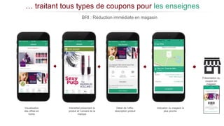 Visualisation
des offres en
home
Indication du magasin le
plus proche
Présentation du
coupon en
magasin
Interstitiel présentant le
produit et l’univers de la
marque
Détail de l’offre,
description produit
… traitant tous types de coupons pour les enseignes
BRI : Réduction immédiate en magasin
 