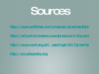 Sources http://www.artifishal.com/projects/dynamite-fishing-pics.html http://ischoolmjmontano.wordpress.com/why-do-people-engage-in-dynamite-fishing/ http://www.wwf.org.ph/_userimgs/001-Dynamite_fishing._-dynamide.jpg http://en.wikipedia.org 