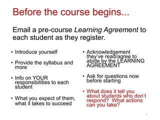 Before the course begins...
Email a pre-course Learning Agreement to
each student as they register.
• Introduce yourself
• Provide the syllabus and
more
• Info on YOUR
responsibilities to each
student
• What you expect of them,
what it takes to succeed
• Acknowledgement
they’ve read/agree to
abide by the LEARNING
AGREEMENT
• Ask for questions now
before starting
• What does it tell you
about students who don’t
respond? What actions
can you take?
15
 