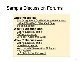Sample Discussion Forums
Ongoing topics
Ask Assignment Clarification questions here
Share Interesting Resources here
Student Lounge
Week 1 Discussions
Get Acquainted, part 1
Define your vision
Let's Talk About this Week
Week 2 Discussions
Get Acquainted, part 2
Interview a Leader
Web Search Discoveries, Critiques
Peer Review
Let's Talk About this Week
20
 