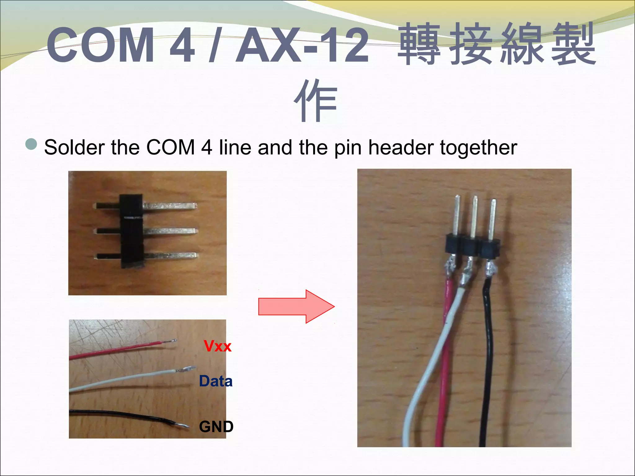 COM 4 / AX-12 轉接線製
作
Solder the COM 4 line and the pin header together
Vxx
Data
GND
 