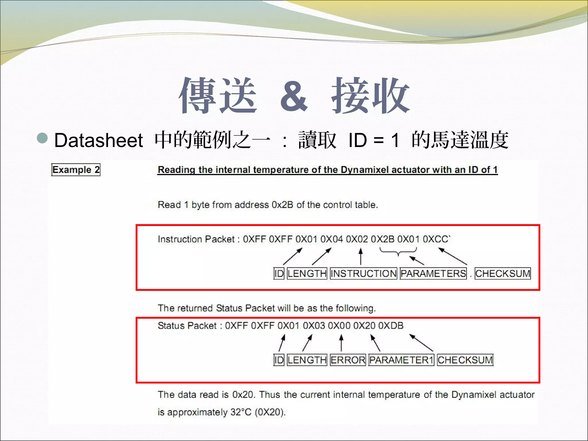 傳送 & 接收
Datasheet 中的範例之一 : 讀取 ID = 1 的馬達溫度
 