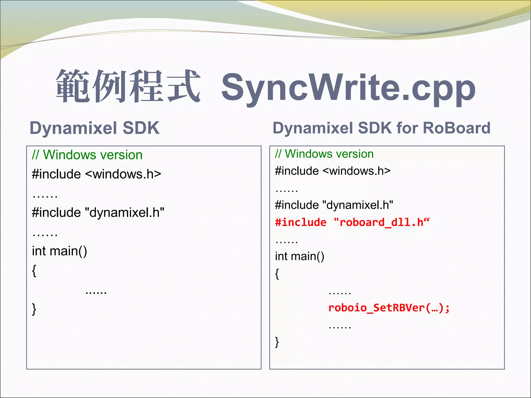 範例程式 SyncWrite.cpp
Dynamixel SDK Dynamixel SDK for RoBoard
// Windows version
#include <windows.h>
……
#include "dynamixel.h"
……
int main()
{
......
}
// Windows version
#include <windows.h>
……
#include "dynamixel.h"
#include "roboard_dll.h“
……
int main()
{
……
roboio_SetRBVer(…);
……
}
 