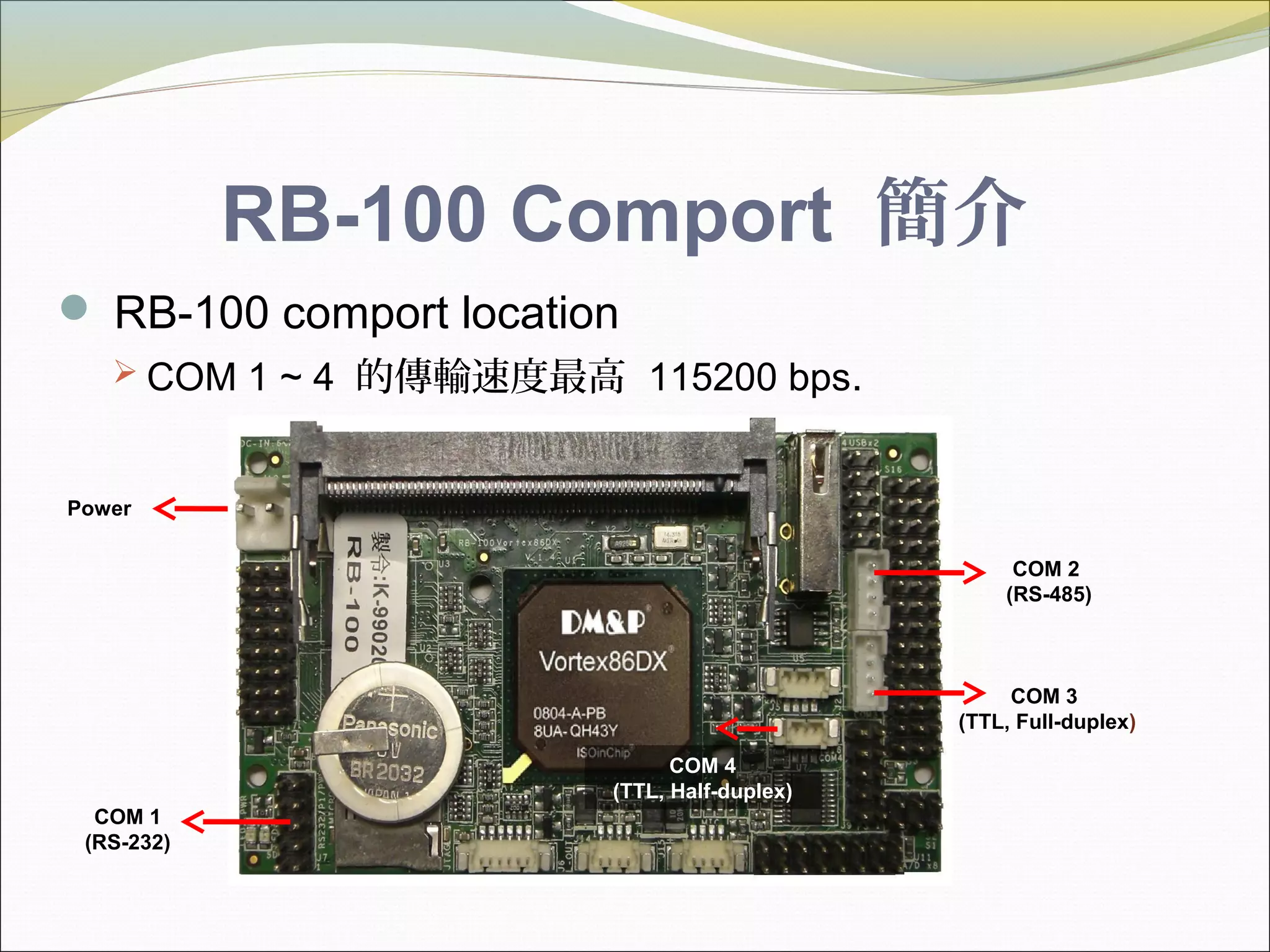 RB-100 Comport 簡介
 RB-100 comport location
 COM 1 ~ 4 的傳輸速度最高 115200 bps.
COM 4
(TTL, Half-duplex)
COM 3
(TTL, Full-duplex)
COM 2
(RS-485)
COM 1
(RS-232)
Power
 
