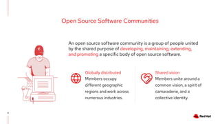 17
Open Source Software Communities
An open source software community is a group of people united
by the shared purpose of developing, maintaining, extending,
and promoting a specific body of open source software.
Members occupy
different geographic
regions and work across
numerous industries.
Globally distributed
Members unite around a
common vision, a spirit of
camaraderie, and a
collective identity.
Shared vision
 