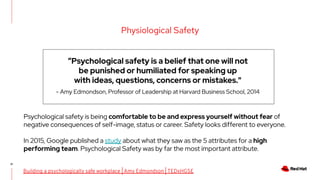 21
Physiological Safety
Psychological safety is being comfortable to be and express yourself without fear of
negative consequences of self-image, status or career. Safety looks different to everyone.
In 2015, Google published a study about what they saw as the 5 attributes for a high
performing team. Psychological Safety was by far the most important attribute.
“Psychological safety is a belief that one will not
be punished or humiliated for speaking up
with ideas, questions, concerns or mistakes."
- Amy Edmondson, Professor of Leadership at Harvard Business School, 2014
Building a psychologically safe workplace | Amy Edmondson | TEDxHGSE
 
