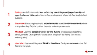 44
Safety: Aim is for teams to feel safe to try new things out (experiment) and
openly discuss failures in a blame-free environment where fail-fast leads to fast
success.
Structure: Encourage teams to experiment in a structured environment where
the quicker they fail, the quicker they can make improvements
Mindset: Learn to perceive failure as fine-tuning processes and spotting
errors/defects. Change from “failure is not an option” to “failing fast means
learning early”.
Just start: try something new! Work in iterations. Design experiments that fail
fast and fail small.
1
2
3
4
 