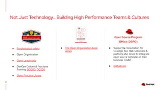 47
Not Just Technology… Building High Performance Teams & Cultures
● Psychological safety
● Open Organisation
● Open Leadership
● DevOps Culture & Practices
Training: DO500, DO250
● Open Practice Library
● The Open Organization book
series
Open Source Program
Office (OSPO)
● Support & consultation for
strategic Red Hat customers &
partners who desire to integrate
open source principles in their
business model.
● redhat.com
 