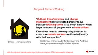 People & Remote Working
7
HBR, Accelerating Transformation for a Post-Covid-19 World, 2021 (sponsored by & Red Hat)
“Cultural transformation and change
management have attracted greater focus
because retaining talent is so much harder when
large numbers of people work in home offices.
Executives need to do everything they can to
make sure remote workers continue to identify
with their companies.”
- Kai Bender, market leader for Germany and Austria at
management consulting firm Oliver Wyman
Office → remote working
 