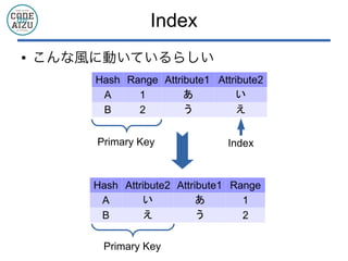 Index
● こんな風に動いているらしい
Hash Range Attribute1 Attribute2
A 1 あ い
B 2 う え
Hash Attribute2 Attribute1 Range
A い あ 1
B え う 2
Primary Key
Primary Key
Index
 