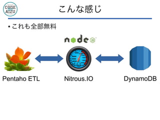 こんな感じ
DynamoDBNitrous.IOPentaho ETL
● これも全部無料
 