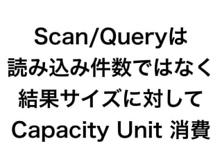 Scan/Queryは
読み込み件数ではなく
結果サイズに対して
Capacity Unit 消費
 