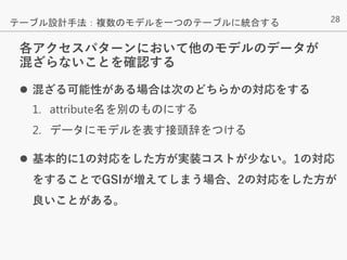 28
各アクセスパターンにおいて他のモデルのデータが
混ざらないことを確認する
 混ざる可能性がある場合は次のどちらかの対応をする
1. attribute名を別のものにする
2. データにモデルを表す接頭辞をつける
 基本的に1の対応をした方が実装コストが少ない。1の対応
をすることでGSIが増えてしまう場合、2の対応をした方が
良いことがある。
テーブル設計手法：複数のモデルを一つのテーブルに統合する
 