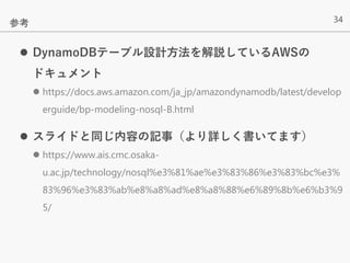 34
 DynamoDBテーブル設計方法を解説しているAWSの
ドキュメント
 https://docs.aws.amazon.com/ja_jp/amazondynamodb/latest/develop
erguide/bp-modeling-nosql-B.html
 スライドと同じ内容の記事（より詳しく書いてます）
 https://www.ais.cmc.osaka-
u.ac.jp/technology/nosql%e3%81%ae%e3%83%86%e3%83%bc%e3%
83%96%e3%83%ab%e8%a8%ad%e8%a8%88%e6%89%8b%e6%b3%9
5/
参考
 