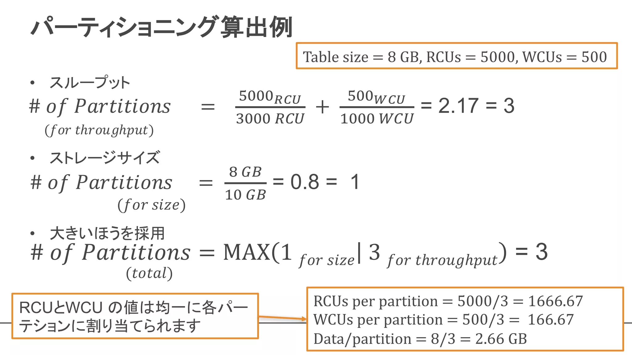 パーティショニング算出例
#	𝑜𝑓	𝑃𝑎𝑟𝑡𝑖𝑡𝑖𝑜𝑛𝑠	 =	
M	NO
PQ	NO
= 0.8 = 1
(𝑓𝑜𝑟	𝑠𝑖𝑧𝑒)
#	𝑜𝑓	𝑃𝑎𝑟𝑡𝑖𝑡𝑖𝑜𝑛𝑠
(𝑓𝑜𝑟	𝑡ℎ𝑟𝑜𝑢𝑔ℎ𝑝𝑢𝑡)
=			
RQQQSTU
VQQQ	WXY
	+	
RQQZTU
PQQQ	[XY
= 2.17 = 3
Table	size	=	8	GB,	RCUs	=	5000,	WCUs	=	500
(𝑡𝑜𝑡𝑎𝑙)
RCUs	per	partition	=	5000/3	=	1666.67
WCUs	per	partition	=	500/3	=		166.67
Data/partition	=	8/3	=	2.66	GB
RCUとWCU の値は均一に各パー
テションに割り当てられます
• スループット
• ストレージサイズ
• 大きいほうを採用
 