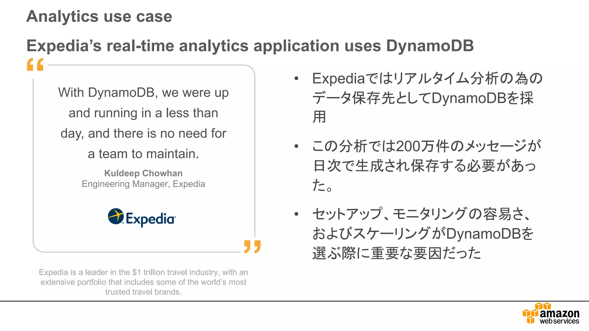 Analytics use case
Expedia’s real-time analytics application uses DynamoDB
Expedia is a leader in the $1 trillion travel industry, with an
extensive portfolio that includes some of the world’s most
trusted travel brands.
With DynamoDB, we were up
and running in a less than
day, and there is no need for
a team to maintain.
Kuldeep Chowhan
Engineering Manager, Expedia
”
“ • Expediaではリアルタイム分析の為の
データ保存先としてDynamoDBを採
用
• この分析では200万件のメッセージが
日次で生成され保存する必要があっ
た。
• セットアップ、モニタリングの容易さ、
およびスケーリングがDynamoDBを
選ぶ際に重要な要因だった
 