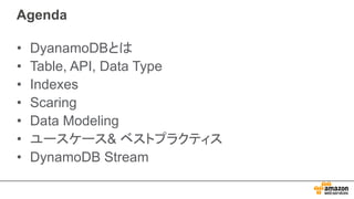 Agenda
• DyanamoDBとは
• Table, API, Data Type
• Indexes
• Scaring
• Data Modeling
• ユースケース& ベストプラクティス
• DynamoDB Stream
 