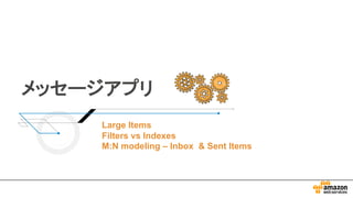 メッセージアプリ
Large Items
Filters vs Indexes
M:N modeling – Inbox & Sent Items
 