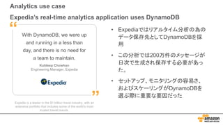 Analytics use case
Expedia’s real-time analytics application uses DynamoDB
Expedia is a leader in the $1 trillion travel industry, with an
extensive portfolio that includes some of the world’s most
trusted travel brands.
With DynamoDB, we were up
and running in a less than
day, and there is no need for
a team to maintain.
Kuldeep Chowhan
Engineering Manager, Expedia
”
“ • Expediaではリアルタイム分析の為の
データ保存先としてDynamoDBを採
用
• この分析では200万件のメッセージが
日次で生成され保存する必要があっ
た。
• セットアップ、モニタリングの容易さ、
およびスケーリングがDynamoDBを
選ぶ際に重要な要因だった
 