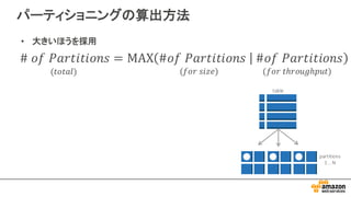 パーティショニングの算出方法
• 大きいほうを採用
(𝑓𝑜𝑟	
   𝑡ℎ𝑟𝑜𝑢𝑔ℎ𝑝𝑢𝑡)(𝑓𝑜𝑟	
   𝑠𝑖𝑧𝑒)(𝑡𝑜𝑡𝑎𝑙)
partitions
1	
  ..	
  N
table
 