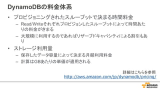 DynamoDBの料金体系
• プロビジョニングされたスループットで決まる時間料金
– Read/Writeそれぞれプロビジョンしたスループットによって時間あた
りの料金がきまる
– 大規模に利用するのであればリザーブドキャパシティによる割引もあ
り
• ストレージ利用量
– 保存したデータ容量によって決まる月額利用料金
– 計算はGBあたりの単価が適用される
http://aws.amazon.com/jp/dynamodb/pricing/
詳細はこちらを参照
 