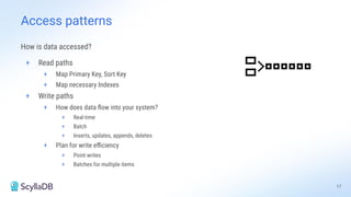 How is data accessed?
+ Read paths
+ Map Primary Key, Sort Key
+ Map necessary Indexes
+ Write paths
+ How does data ﬂow into your system?
+ Real-time
+ Batch
+ Inserts, updates, appends, deletes
+ Plan for write eﬃciency
+ Point writes
+ Batches for multiple items
17
Access patterns
 