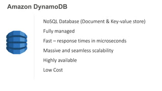 Amazon DynamoDB
NoSQL Database (Document & Key-value store)
Fully managed
Fast – response times in microseconds
Massive and seamless scalability
Highly available
Low Cost
 