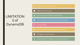 LIMITATION
S of
DynamoDB
64KB limit on item size (row size)
1 MB limit on fetching data
Pay more if you want strongly consistent data
Size is multiple of 4KB (provisioning throughput wastage)
Cannot join tables
Indexes should be created during table creation only
No triggers or server side scripts
Limited comparison capability (no not_null, contains etc)
 