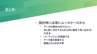 まとめ
▰ 設計時には常にユースケースから
▰ データの種別は何でもいい
▰ 同じ使い方をするものは同じ属性で突っ込めば
大丈夫
▰ パーティションを意識する
▰ データ量を意識する
▰ 経験とひらめき大事
 