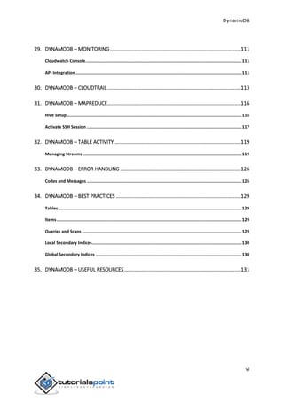 DynamoDB
vi
29. DYNAMODB – MONITORING...........................................................................................111
Cloudwatch Console............................................................................................................................111
API Integration....................................................................................................................................111
30. DYNAMODB – CLOUDTRAIL.............................................................................................113
31. DYNAMODB – MAPREDUCE.............................................................................................116
Hive Setup...........................................................................................................................................116
Activate SSH Session ...........................................................................................................................117
32. DYNAMODB – TABLE ACTIVITY ........................................................................................119
Managing Streams ..............................................................................................................................119
33. DYNAMODB – ERROR HANDLING ....................................................................................126
Codes and Messages ...........................................................................................................................126
34. DYNAMODB – BEST PRACTICES .......................................................................................129
Tables..................................................................................................................................................129
Items...................................................................................................................................................129
Queries and Scans...............................................................................................................................129
Local Secondary Indices.......................................................................................................................130
Global Secondary Indices ....................................................................................................................130
35. DYNAMODB – USEFUL RESOURCES .................................................................................131
 