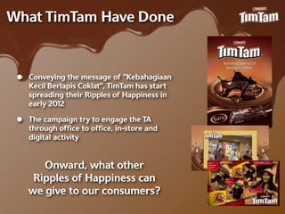 What TimTam Have Done


 •   Conveying the message of “Kebahagiaan
     Kecil Berlapis Coklat”, TimTam has start
     spreading their Ripples of Happiness in
     early 2012

 •   The campaign try to engage the TA
     through ofﬁce to ofﬁce, in-‐store and
     digital activity


        Onward, what other
      Ripples of Happiness can
     we give to our consumers?
 