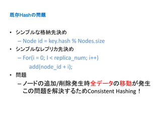 既存Hashの問題


• シンプルな格納先決め
  – Node id = key.hash % Nodes.size
• シンプルなレプリカ先決め
  – For(i = 0; I < replica_num; i++)
      add(node_id + i);
• 問題
  – ノードの追加/削除発生時全データの移動が発生
    この問題を解決するためConsistent Hashing！
 
