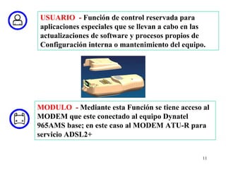 USUARIO - Función de control reservada para
aplicaciones especiales que se llevan a cabo en las
actualizaciones de software y procesos propios de
Configuración interna o mantenimiento del equipo.




MODULO - Mediante esta Función se tiene acceso al
MODEM que este conectado al equipo Dynatel
965AMS base; en este caso al MODEM ATU-R para
servicio ADSL2+


                                                  11
 