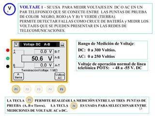 VOLTAJE 1 – SE USA PARA MEDIR VOLTAJES EN DC O AC EN UN
      PAR TELEFONICO QUE SE CONECTE ENTRE LAS PUNTAS DE PRUEBA
      DE COLOR NEGRO, ROJO (A Y B) Y VERDE (TIERRA).
      PERMITE DETECTAR FALLAS COMO CRUCE DE BATERÍA y MEDIR LOS
      VOLTAJES QUE SE PUEDEN PRESENTAR EN LAS REDES DE
      TELECOMUNICACIONES.


                                  Rango de Medición de Voltaje:
                                  DC: 0 a 300 Voltios.
                                  AC: 0 a 250 Voltios
                                  Voltaje de operación normal de línea
                                  telefónica POTS: - 48 a -55 V. DC




LA TECLA       PERMITE REALIZAR LA MEDICIÓN ENTRE LAS TRES PUNTAS DE
PRUEBA (A, B o Tierra). LA TECLA    ES USADA PARA SELECCIONAR ENTRE
                                                                13
MEDICIONES DE VOLTAJE AC o DC.
 