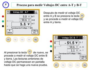 Proceso para medir Voltajes DC entre A-T y B-T

                                   Después de medir el voltaje DC
                                   entre A y B se presiona la tecla
                                   y se procede a medir el voltaje DC
                                   entre A y tierra.




Al presionar la tecla      de nuevo, se
procede a medir el voltaje DC entre B
y tierra. Las lecturas anteriores de
voltaje DC permanecen en pantalla
hasta que se haga una nueva prueba.                                     14
 