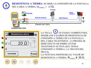 RESISTENCIA A TIERRA- SE MIDE LA CONEXIÓN DE LA PANTALLA
DEL CABLE A TIERRA. (RTIERRA ≤ 25 Ω).




                     LA TECLA      ES USADA TAMBIEN PARA
                     MEDIR LOS VALORES DE RESISTENCIA DE
                     CONEXIÓN A TIERRA DE LA PANTALLA
                     DEL CABLE TELEFONICO. LA PRUEBA SE
                     DEBE EFECTUAR SOBRE UN PAR
                     TELEFONICO ACTIVO, QUE TENGA
                     CONEXIÓN A TIERRA (+) A TRAVES DEL
                     HILO A.
                     LA VENTANA MOSTRARA EL VALOR DE
                     RESISTENCIA A TIERRA. RTIERRA ≤ 25 Ω.

                                                     18
 