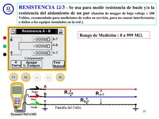 RESISTENCIA Ω/3 - Se usa para medir resistencia de bucle y/o la
resistencia del aislamiento de un par (función de megger de bajo voltaje ≤ 100
Voltios, recomendado para mediciones de redes en servicio, para no causar interferencias
o daños a los equipos instalados en la red ).


                                       Rango de Medición : 0 a 999 MΩ.




                                                                                19
 