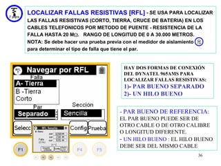 LOCALIZAR FALLAS RESISTIVAS [RFL] - SE USA PARA LOCALIZAR
LAS FALLAS RESISTIVAS (CORTO, TIERRA, CRUCE DE BATERIA) EN LOS
CABLES TELEFONICOS POR METODO DE PUENTE - RESISTENCIA DE LA
FALLA HASTA 20 MΩ. RANGO DE LONGITUD DE 0 A 30.000 METROS.
NOTA: Se debe hacer una prueba previa con el medidor de aislamiento
para determinar el tipo de falla que tiene el par.


                                    HAY DOS FORMAS DE CONEXIÓN
                                    DEL DYNATEL 965AMS PARA
                                    LOCALIZAR FALLAS RESISTIVAS:
                                    1)- PAR BUENO SEPARADO
                                    2)- UN HILO BUENO

                                   - PAR BUENO DE REFERENCIA:
                                   EL PAR BUENO PUEDE SER DE
                                   OTRO CABLE O DE OTRO CALIBRE
                                   O LONGITUD DIFERENTE.
                                   - UN HILO BUENO : EL HILO BUENO
                                   DEBE SER DEL MISMO CABLE
                                                                 36
 