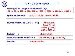 TDR - Características
1) Rangos de Longitud de medición (m):
 30 m, 60 m, 150 m, 300, 600 m, 1500 m, 3000 m, 6000 m, 10000 m

2) Ganancia en dB:     0, 6, 12, 18, 24…hasta 198 dB


3) Ancho de Pulso (Zona Muerta):      5ns [1.6 m]
                                     34ns [11 m]
                                    235ns [ 72 m ]
                                   1600ns [488 m]
4) Zoom      :                     x1, x2, x4, x8
5) Vp [Velocidad del Pulso ]:   75 a 150 m/µS [0.50 a 1.00]
6) Filtro:             Activo/Inactivo




                                                              57
 