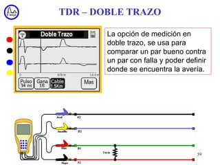 TDR – DOBLE TRAZO

        La opción de medición en
        doble trazo, se usa para
        comparar un par bueno contra
        un par con falla y poder definir
        donde se encuentra la avería.




                                     59
 