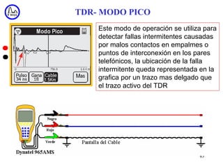TDR- MODO PICO
    Este modo de operación se utiliza para
    detectar fallas intermitentes causadas
    por malos contactos en empalmes o
    puntos de interconexión en los pares
    telefónicos, la ubicación de la falla
    intermitente queda representada en la
    grafica por un trazo mas delgado que
    el trazo activo del TDR




                                    63
 