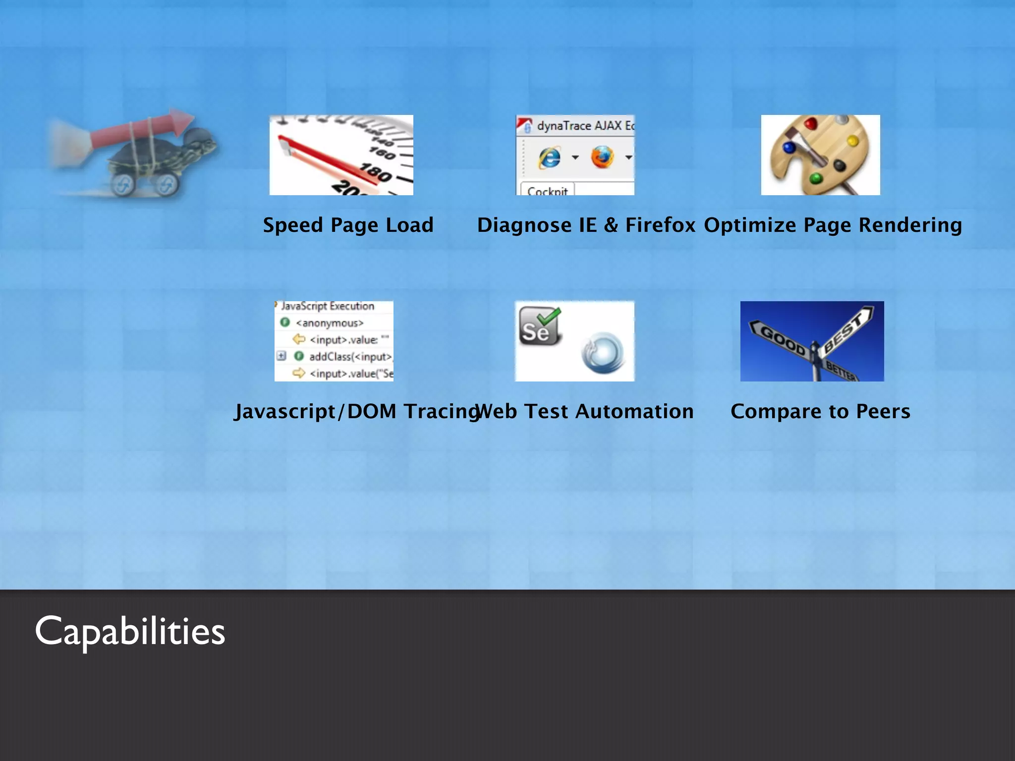 Speed Page Load    Diagnose IE & Firefox Optimize Page Rendering




               Javascript/DOM TracingWeb Test Automation   Compare to Peers




Capabilities
 