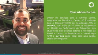 2 CONFIDENCIAL DA EMPRESA – NÃO DISTRIBUIR #Dynatrace
Insert
image here
Diretor de Serviços para a América Latina,
integrante do Dynatrace Center of Excellence
para o desenvolvimento da metodologia APM e
DevOps, com mais de 17 anos de experiência
em Gestão de Performance de Aplicações, tem
atuado nos mais diversos setores e mercados da
América Latina, implementando a metodologia
APM e DevOps como base para uma gestão
efetiva dos negócios.
Rene Abdon Santos
 